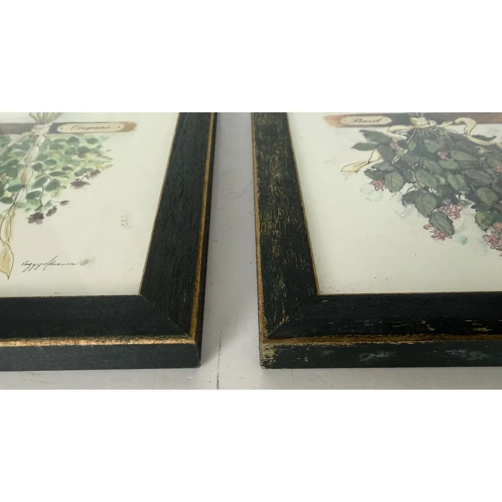 Vtg Set of 2 Peggy Abrams Cottage Herbs Oregano/Basil Framed Prints Green